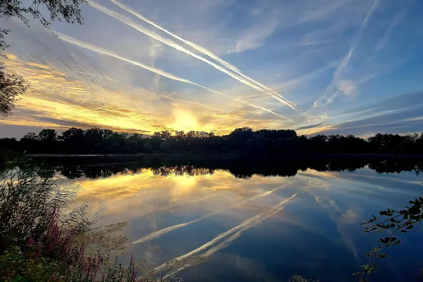 Ein strahlender Sonnenaufgang hat dieser Tage das Ambiente am Jägersburger Weiher veredelt – mit einem optischen Spiel von Sonne