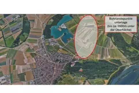 Im eingekreisten Bereich liegen unter Tage die Ziele der Bohrungen. Wo der Bohrplatz entsteht, ist noch offen. Geopfalz sucht ei