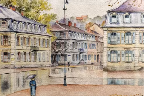 Nicht Teil der gespendeten Bildermappe, aber ebenfalls ein Werk von W.D. Schulz: „Herzogsvorstadt im Regen“. 