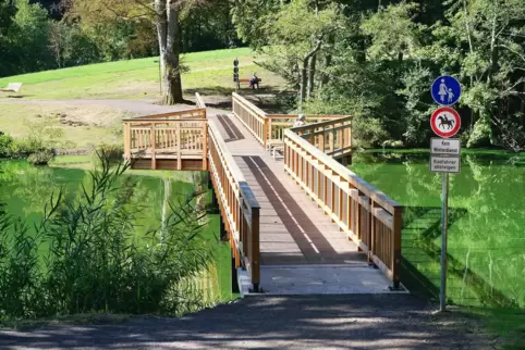 Die neue Philippsbrücke verbindet auf dem Würzbacher Weiher das Ufer der Seite Annahof mit der Halbinsel.