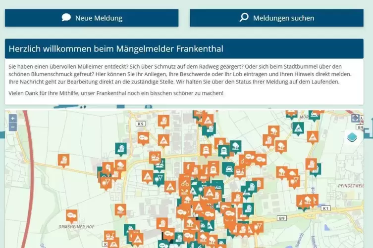 So sieht auf der Webseite der Stadt Frankenthal die M&auml;ngelmelder-Karte aus. 