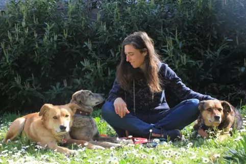 Jennifer König mit ihren drei Hunden, die ihr auch bei ihrer Coaching-Arbeit helfen. 