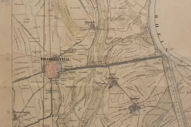 Die erste topographisch exakte Vermessung: Das Sectionsblatt 26 »Frankenthal« von 1837, hier ein Ausschnitt, war die Grundlage a Die erste topographisch exakte Vermessung: Das Sectionsblatt 26 »Frankenthal« von 1837, hier ein Ausschnitt, war die Grundlage a