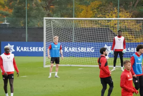 Mika Haas (blaues Leibchen) und Enis Kamga (rechts, weißes Leibchen) im Training der FCK-Profis. 