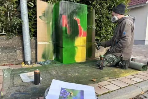 Da braucht es noch etwas Fantasie: Marco Billmaier sprüht eine Biene an einer Blume auf einen der beschmierten Stromkästen. 