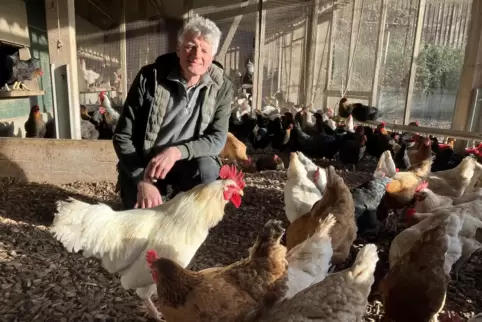 Richard Danner, Chef des Kleinsägmühlerhofs in Altleiningen, hat seine Hühner sicher im Wintergarten untergebracht. 