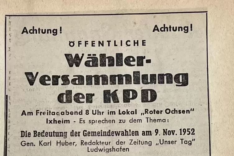 Anzeige f&uuml;r eine Versammlung der DKP in Zweibr&uuml;cken 1952. 