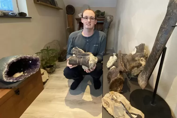 Max Wolf pr&auml;sentiert den Schwanzwirbel eines Diplodocus.