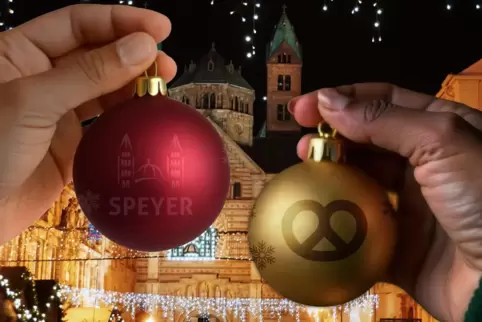 Mit Dom- und Brezel-Aufdruck: Weihnachtskugeln aus Speyer. 
