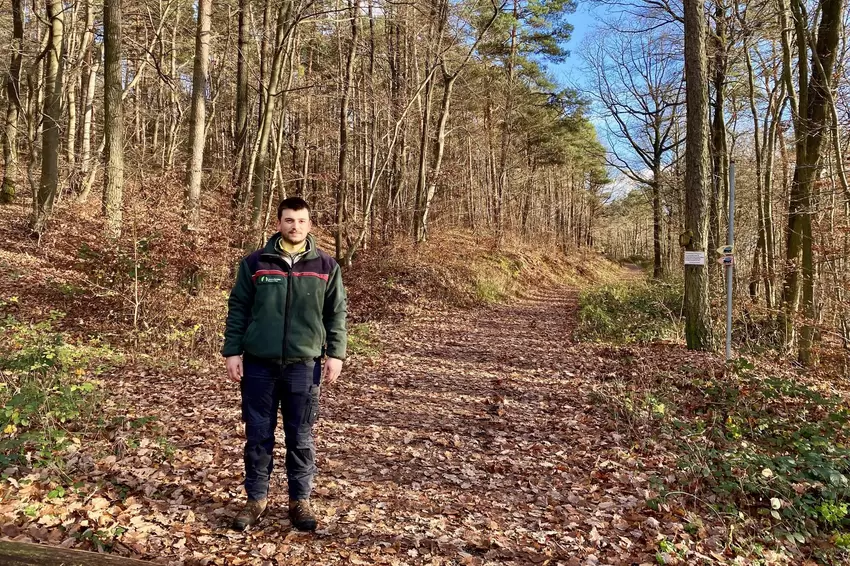 Hier steht Förster Daniel Steinbrecher genau auf der Gemarkungsgrenze: Links ist der Göllheimer, rechts der Kerzenheimer Wald.