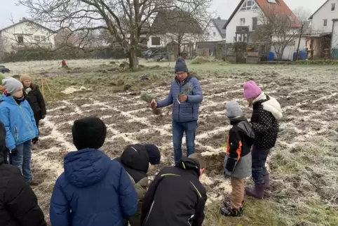Peter Jung erklärt den Jugendlichen, welche Baumarten gepflanzt werden. 
