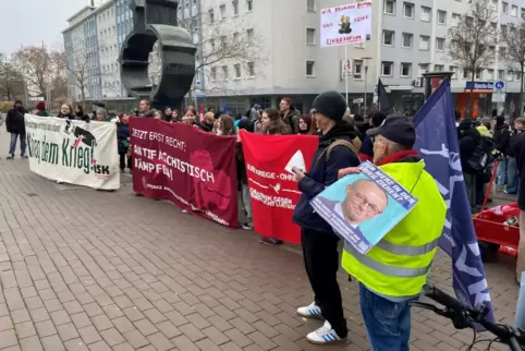 Zwischenstation Rathausplatz: Wie zuvor am Startpunkt Theaterplatz (ab 12.30 Uhr) ergriffen auch hier mehrere Redner das Wort. D