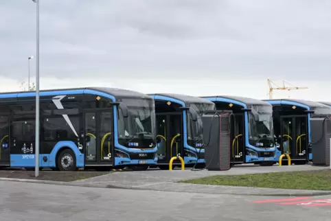 Stehen schon in Reih und Glied im neuen Ladedepot an der Heinkelstraße: ein Teil der neuen Elektrobusse.