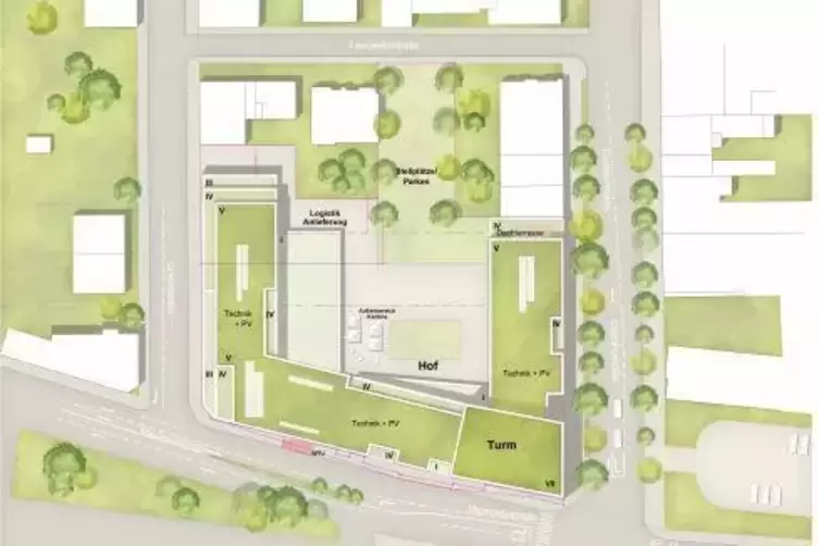 Der neue Sparkassensitz aus der Vogelperspektive, rechts ist die Ostbahnstra&szlig;e, unten die Maximilianstra&szlig;e mit Bahnhofsvorplatz.