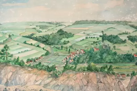 Blick auf Kreimbach-Kaulbach: Der Lauterer Historiker Bernhard H. Gerlach hat der Lautertalgemeinde dieses Aquarell von Hans Koh