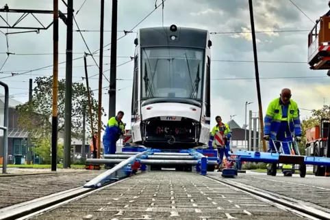 Eine neue Straßenbahn wird in Rheingönheim aufs Gleis gesetzt.
