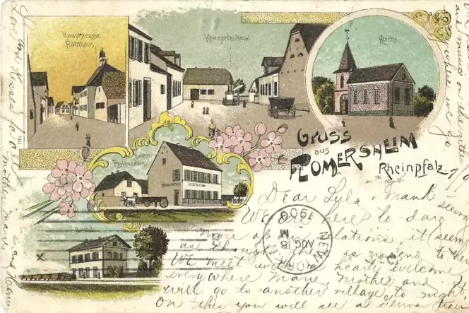 Die wohl älteste Lithographie-Grußkarte von Flomersheim, abgestempelt im Jahr 1900, mit fünf Einzelbildern: Hauptstraße mit Rath Die wohl älteste Lithographie-Grußkarte von Flomersheim, abgestempelt im Jahr 1900, mit fünf Einzelbildern: Hauptstraße mit Rath
