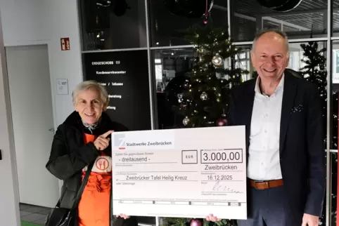 Stadtwerke-Geschäftsführer Werner Brennemann übergibt Tafelgründerin Annette Peetz den Spendenscheck über 3000 Euro