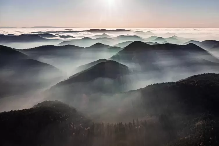 Auch vom Dahner Felsenland ein Blick in Richtung Trifels &ndash; mit besonderem Licht und Nebel, die die Landschaft in ein mystisches 