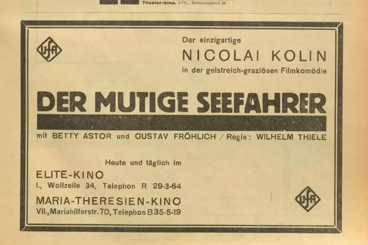 Werbung f&uuml;r einen Film. der 1928 mit dem Titel &bdquo;Hurra! Ich lebe&ldquo; herauskam, nach der Kom&ouml;die &bdquo;Der mutige Seefahrer&ldquo; von Georg Ka