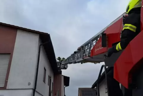 Drehleiter im Einsatz: Feuerwehr kontrolliert einen Kamin in Lingenfeld. 