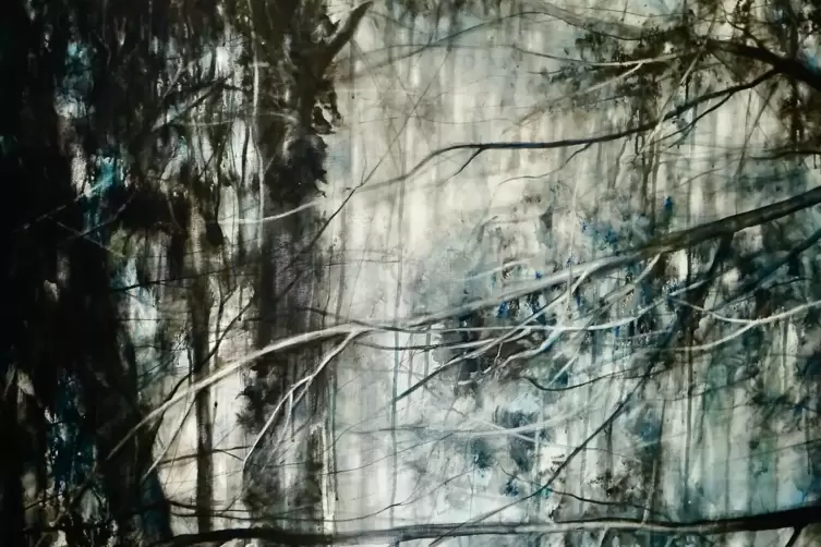 Geheimnisvoller Wald: &bdquo;D&auml;mmerleuchten&ldquo; von Helena Krohn (Ausschnitt, Acryl auf Leinwand)