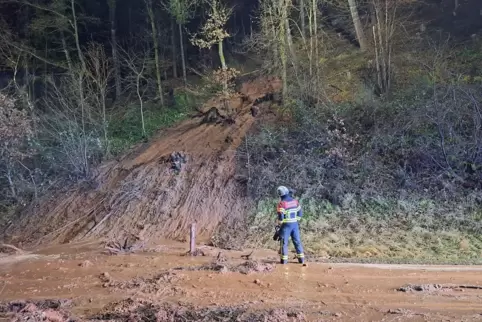 Feuerwehrleute räumen die gröbsten Erdmassen von der Straße.