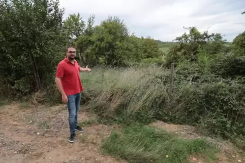 Hier ist immer noch kein Flutschutz-Becken: Kleinkarlbachs Bürgermeister Daniel Krauß am geplanten Standort. 
