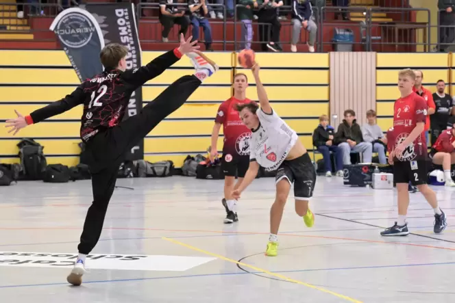 Die Herren des TSV Speyer spielen in der Oberliga: Oliver Jann (weiß) beim Torwurf gegen den Keeper der TG Waldsee, Nico Sesing. Die Herren des TSV Speyer spielen in der Oberliga: Oliver Jann (weiß) beim Torwurf gegen den Keeper der TG Waldsee, Nico Sesing.