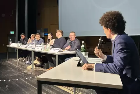 Eigentlich Vorlesungssaal, hier aber politische Talkrunde: Im Audimax der RPTU diskutieren sechs Lauterer Landtagskandidaten übe