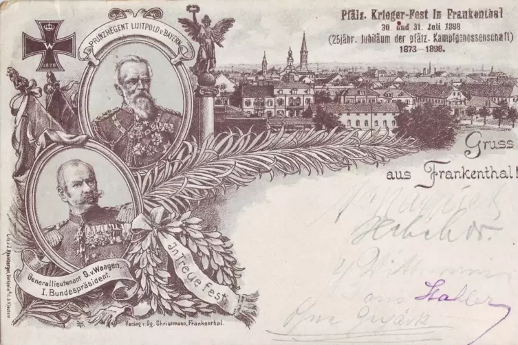 Postkarte zum Kriegerfest: Prinzregent Luitpold von Bayern und Generalleutnant Georg von Waagen neben einer Stadtansicht von Fra