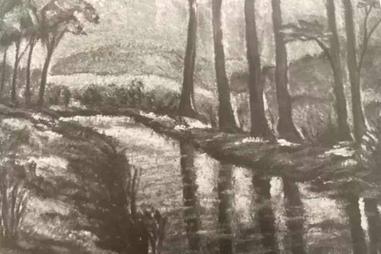 &bdquo;Flusslandschaft&ldquo;, &Ouml;l auf Pappe, 1994.