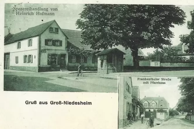 Spezereihandlung und Pfarrhaus: Die Grußkarte aus Großniedesheim wurde am 4. August 1927 abgestempelt. Spezereihandlung und Pfarrhaus: Die Grußkarte aus Großniedesheim wurde am 4. August 1927 abgestempelt.
