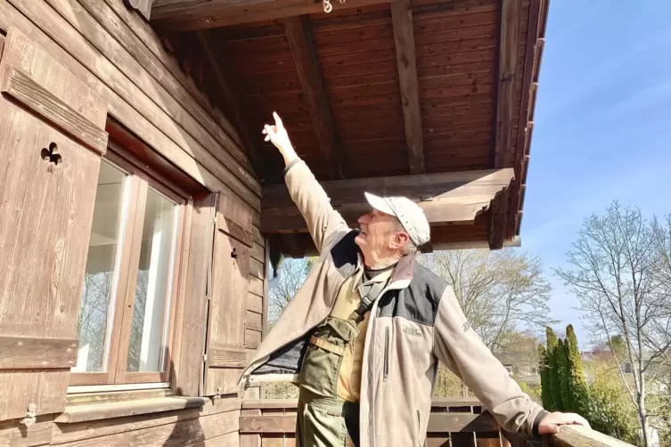 Hier zeigt Reinhart, wo die Hornissen wahrscheinlich nach drau&szlig;en gelangt sind.