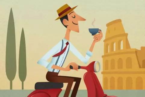 Auf der Vespa Kaffee zu trinken, ist keine gute Idee. Aber mit dem Roller ins Caffè auf eine nette Piazza fahren schon – und dan