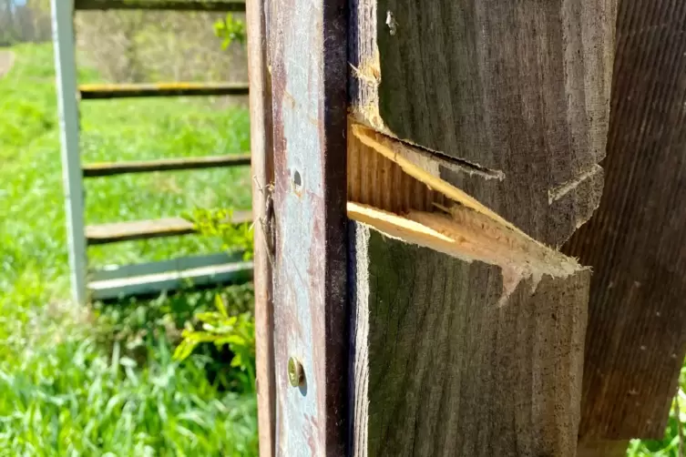 Mutwillig besch&auml;digt: Aus einem Pfosten wurde ein Keil herausges&auml;gt. 