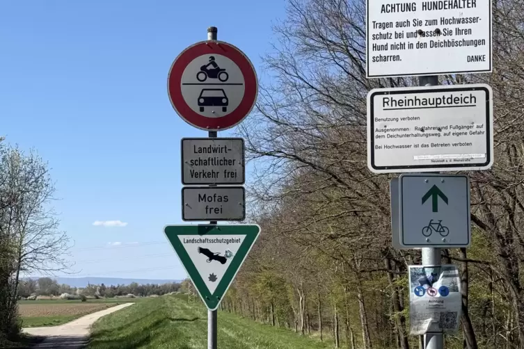 Viele Schilder weisen am Rheinhauptdeich bei Bobenheim-Roxheim darauf hin, wie man sich im Deichgebiet verhalten soll.