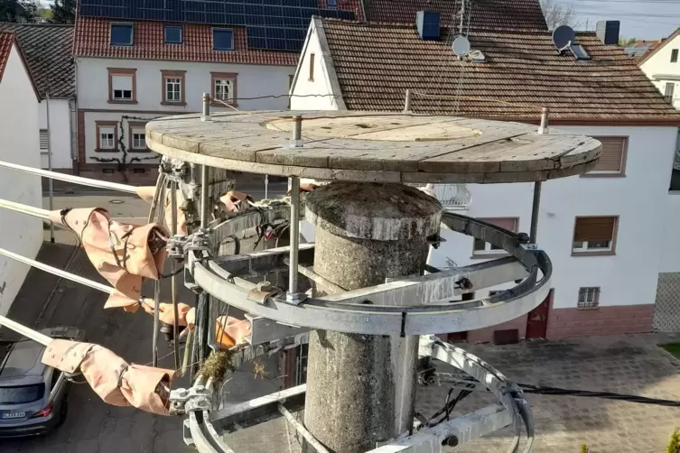Entgegenkommendes Angebot: Die Stadtwerke Ramstein haben ein Podest auf dem Mast installiert, auf dem die St&ouml;rche relativ sicher