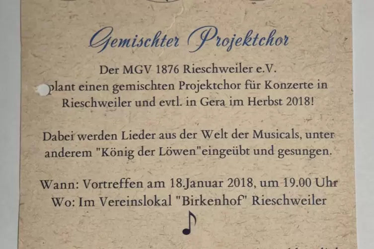 Der Aufruf zur Gr&uuml;ndung eines Projektchores im Jahr 2018 , dem Geburtsjahr der Chorfreunde. 