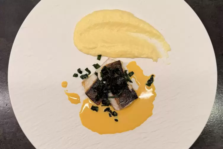 Das Lieblingsgericht von Felipe Bechtoldt: Wolfsbarsch mit Safran-Vanillesauce, Pastinakenp&uuml;ree und frittiertem Spinat.