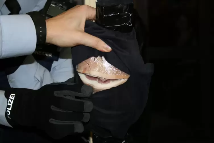 An einem St&uuml;ck Schweinefleisch mit fester Schwarte, das mit einem St&uuml;ck Einsatzkleidung umwickelt ist, demonstrieren Polizeibeam