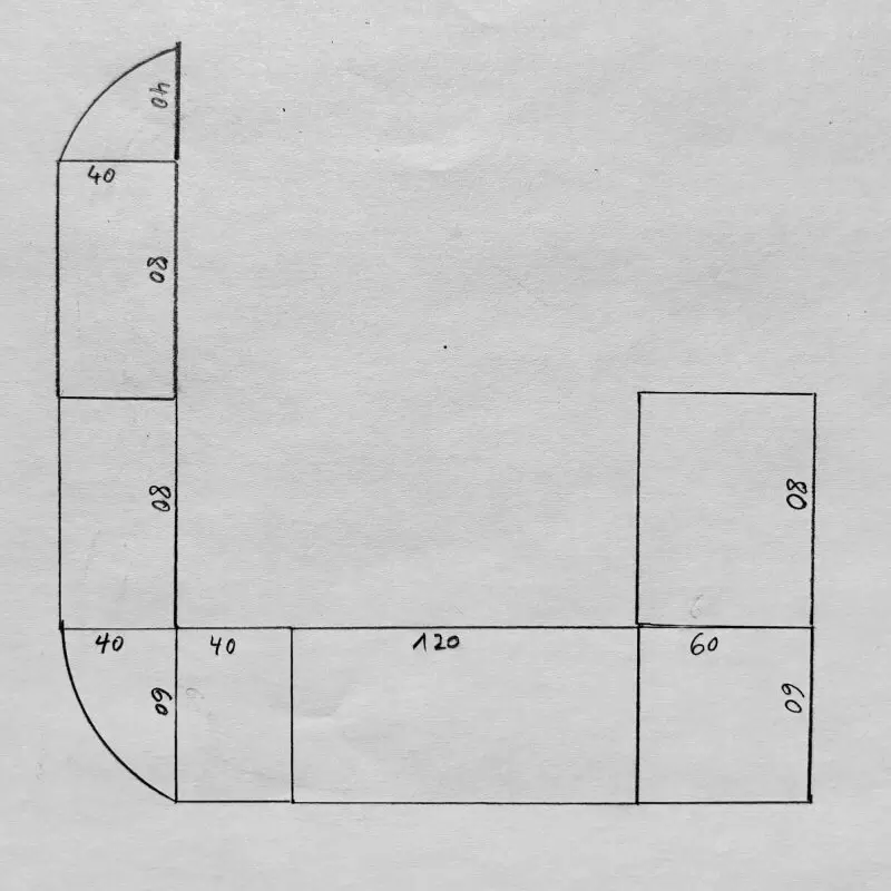 11252772_10_1 Große, flexibel in U- oder L-Form aufstellbare Ladentheke aus 8 Einzelelementen, 300 x 60 cm plus 240 x 40 cm; Korpus Buche Nach