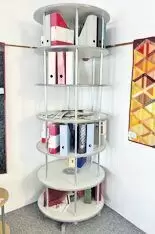Stabile Ordner-Drehsäule, Durchmesser 80 cm, mit 6 Etagen, Höhe 238 cm, für bis zu 24 Ordnern je Ebene, insgesamt 144 Ordner, 45