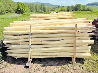 mit oder ohne Spitze, naturgewachsen rund, entrindet. Für Spielplatzbau, Gartenhäuschen, Wanderwege, Konstruktionen im Freigelän
