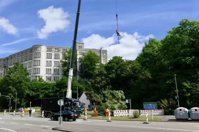 Ein riesiger Schwerlastkran ist im Einsatz. In der Schäferstraße in Pirmasens steht schon der Häcksler, der alles verarbeitet.