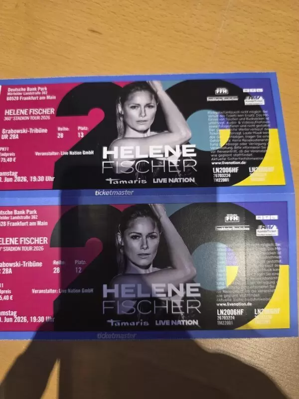 Hallo, verkaufe hier 2 Tickets für Helene Fischer für Samstag 20.6.26 in Frankfurt. Bin leider verhindert; Sitzplatz PK1, gekost