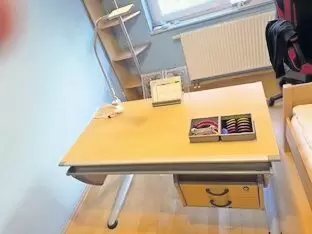 Wir verkaufen unseren Schreibtisch / Nichtraucherhaushalt. Farbe Buche Natur /Beschläge in Grau. Weitere Beschläge in unterschie