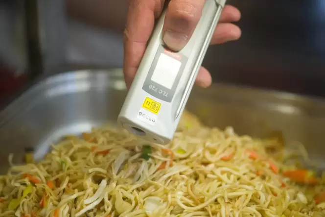 Ein Lebensmittelkontrolleur der Stadt Mannheim überprüft bei einer Betriebskontrolle die Temperatur von chinesischen Nudeln. Ein Lebensmittelkontrolleur der Stadt Mannheim überprüft bei einer Betriebskontrolle die Temperatur von chinesischen Nudeln.