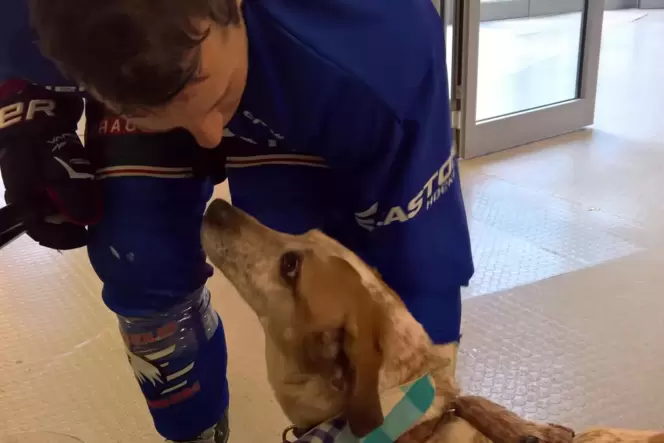 Dicke Freunde: Eishockey-Profi Andrew Joudrey und Hund Spock. Dicke Freunde: Eishockey-Profi Andrew Joudrey und Hund Spock.