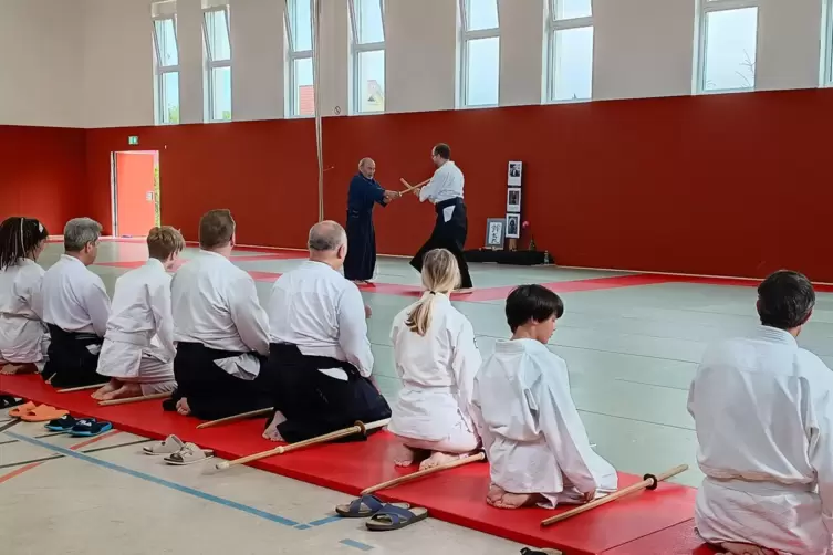 Michael Daishiro Nakajima (hinten links) in Aktion. Die Lehrgangsteilnehmer beobachten, was der Gro&szlig;meister vorzeigt. 
